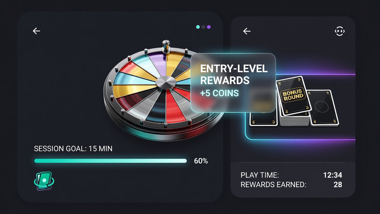 Dashboard view of a wheel game app displaying ongoing reward progress and session timers