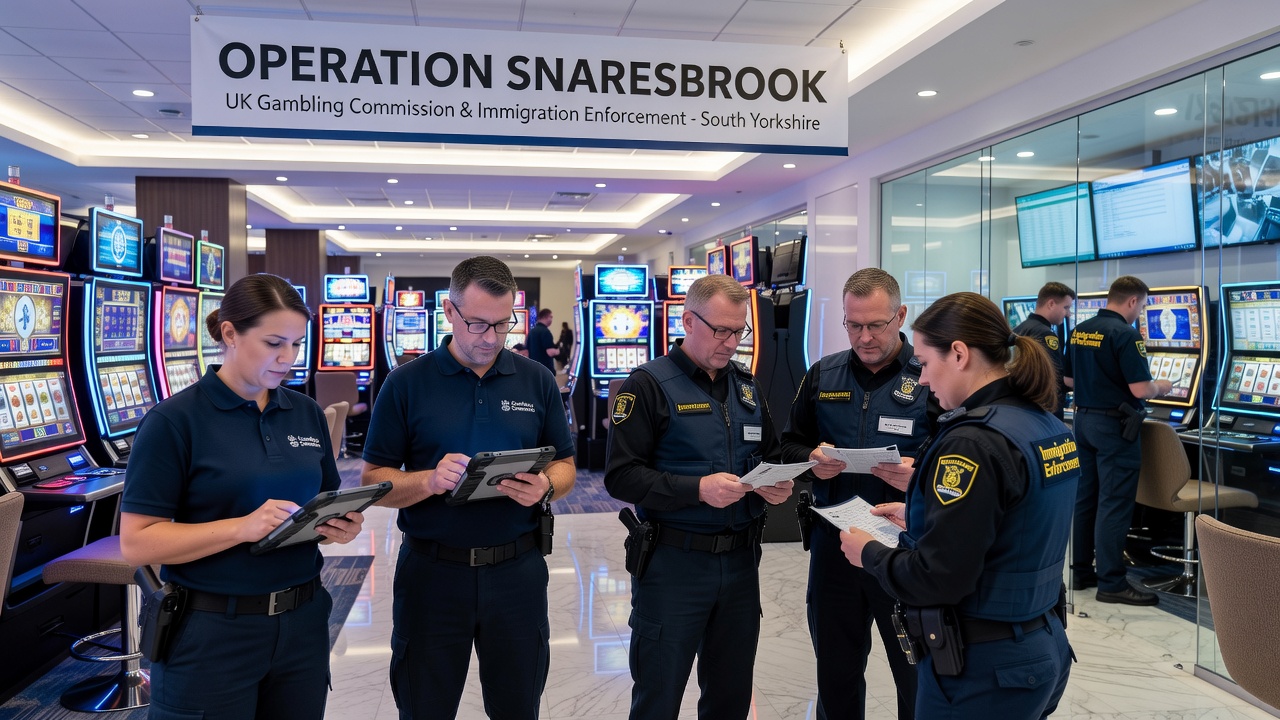 Seized gambling equipment including poker tables and slot machines displayed as evidence after a regulatory raid