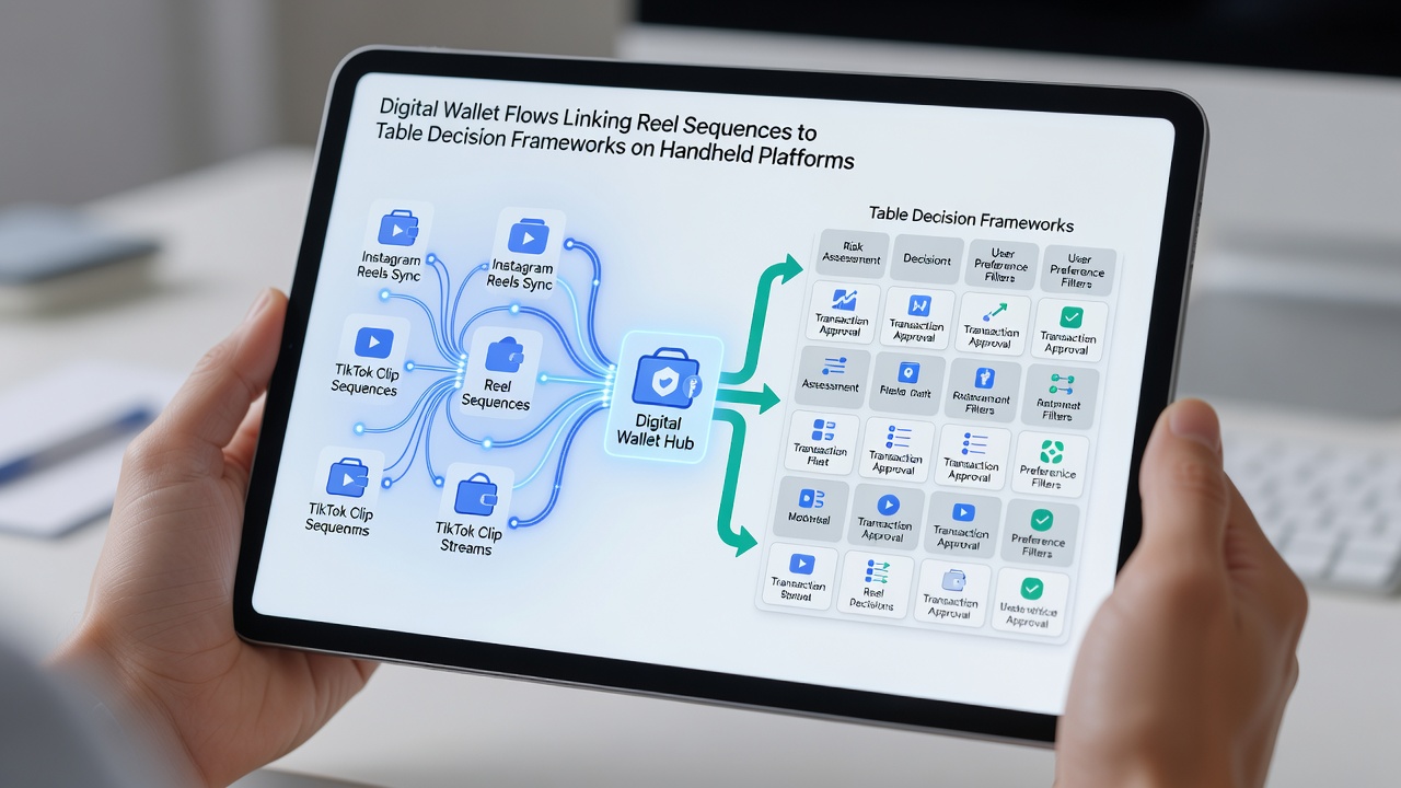 Flow diagram of digital wallet connecting reel outcomes to table game decisions on mobile screens