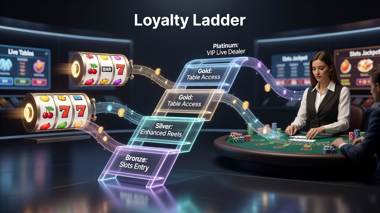 Player interface demonstrating transfer between slot reels and live dealer tables