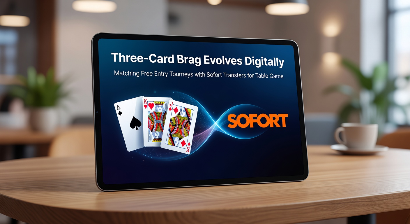 Screenshot of a Sofort payment interface integrated with a three-card brag tournament entry, displaying instant confirmation and free entry details